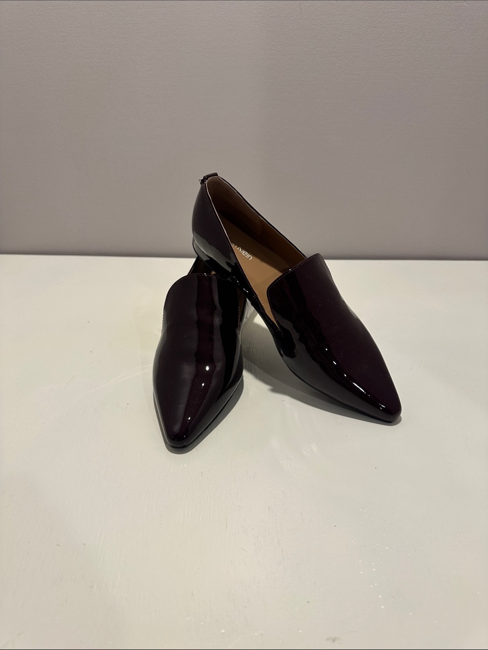 Calvin Klein Patent Pointed Slip-On Flats in Plum